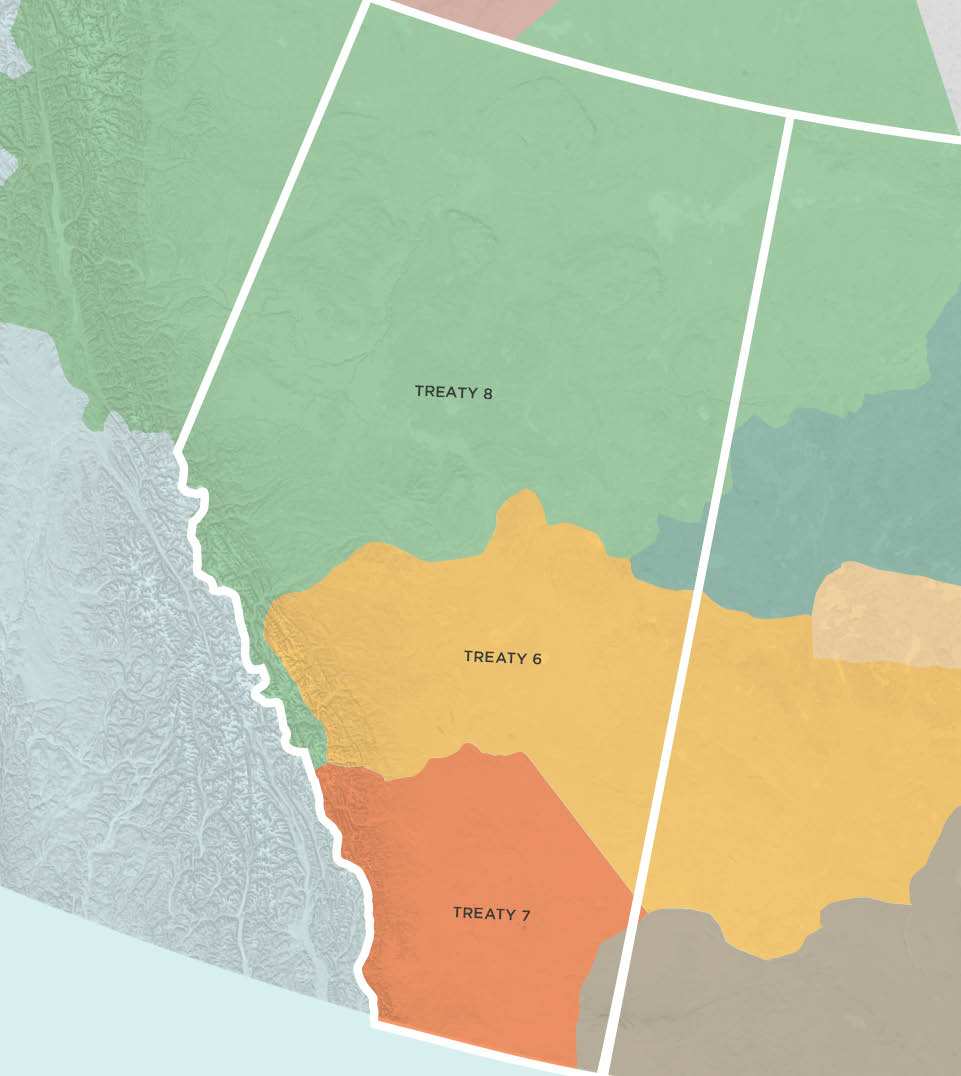 A map of Alberta showing the Indigenous Land highlighting Treaty 8, Treaty 6, and Treaty 7