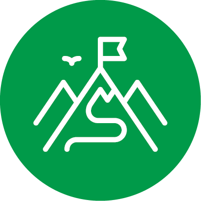 A green circular icon with a white illustration of three mountain peaks with a flag on the centre mountain peak