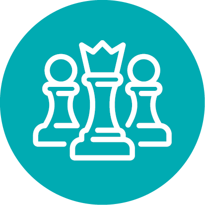 A light blue circular icon of three white illustrated chess pieces consisting of a King in the centre and two pawns on either side