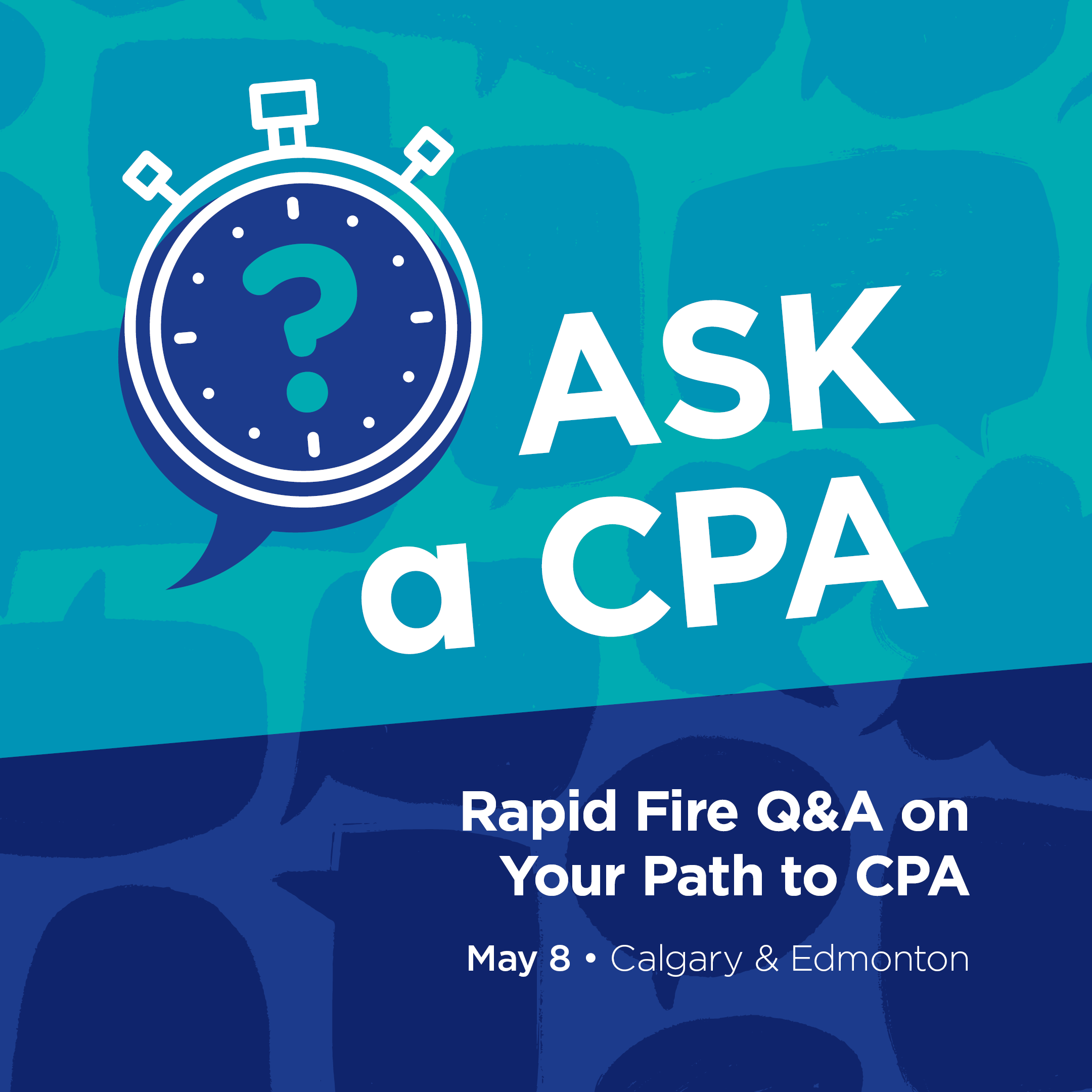 The image appears to be a banner with a stylized design including a stopwatch with a question mark on its face. The text reads "ASK a CPA" with the phrase "Rapid Fire Q&A on Your Path to CPA" beneath it. The color scheme includes various shades of blue with white and green accents. The design suggests that this may be for a session where questions are quickly answered, possibly aimed at individuals interested in becoming Certified Public Accountants (CPAs).