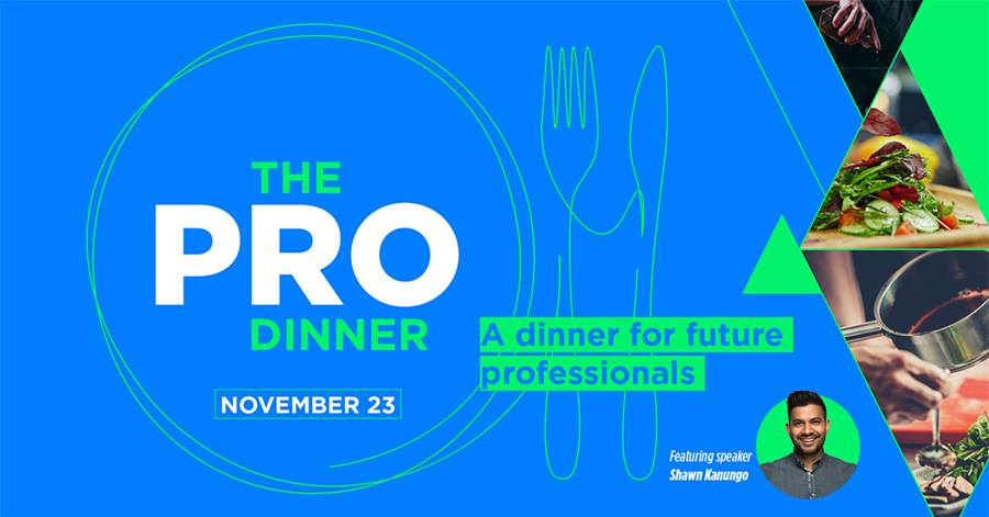 Blue background with image of food. Text reads The Pro Dinner