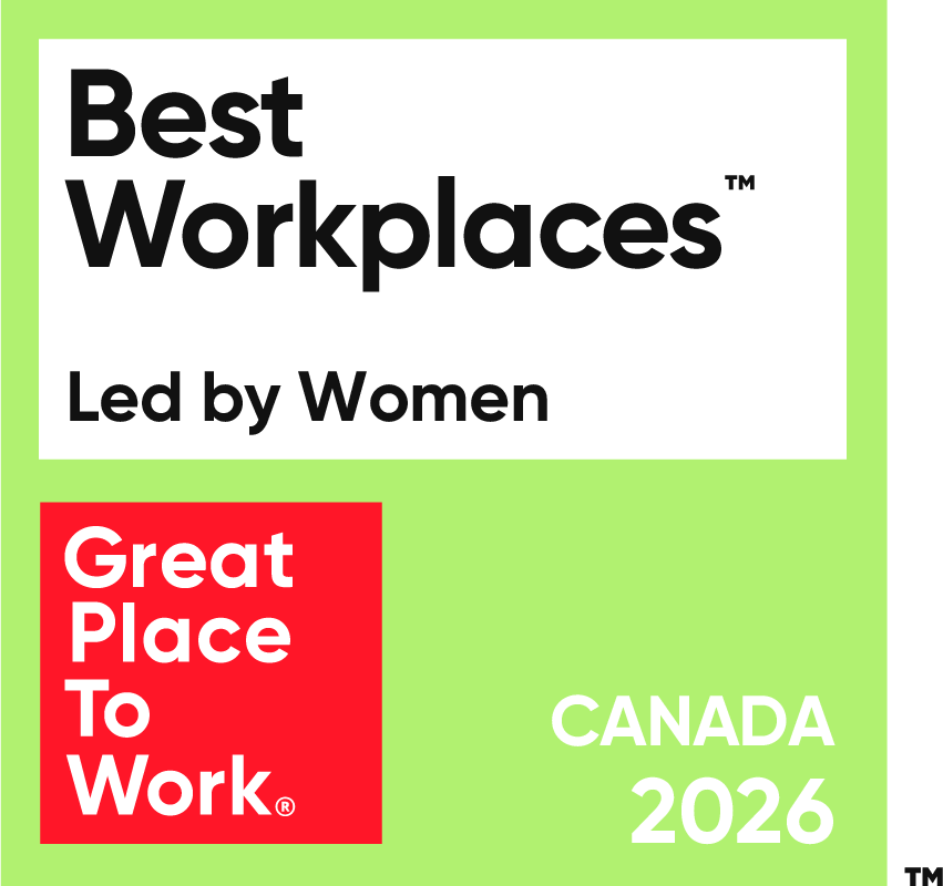 Graphic badge with “Best Workplaces™ Led by Women” at the top, the red Great Place To Work logo on the left, and “Canada 2026” on a light green background.