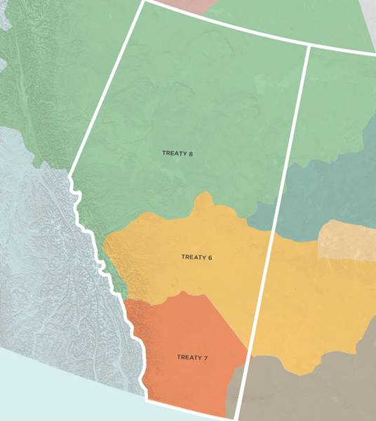 A map of Alberta showing the Indigenous Land highlighting Treaty 8, Treaty 6, and Treaty 7