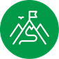 A green circular icon with a white illustration of three mountain peaks with a flag on the centre mountain peak