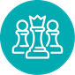 A light blue circular icon of three white illustrated chess pieces consisting of a King in the centre and two pawns on either side