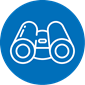 A blue circular icon with a white illustrated icon of a binocular