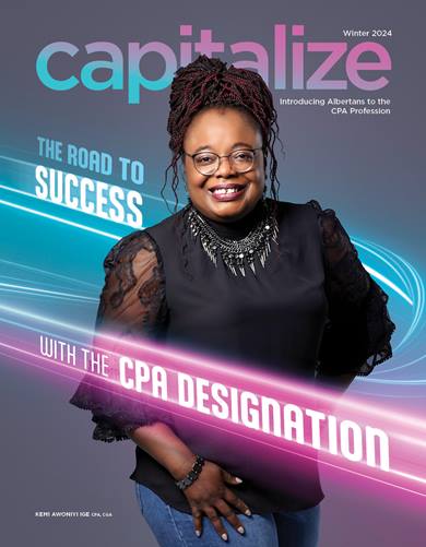 The image is a magazine cover for "Capitalize," the Winter 2024 edition, themed "The Road to Success." The title "capitalize" is in lowercase letters with a gradient from turquoise to purple at the top. Below, a smiling woman with black-rimmed glasses, red braided hair, and a black lace top is featured. Neon lines and the phrase "WITH THE CPA DESIGNATION" underscore the theme, and her name, "KEMI AWONIYI IGE CPA, CGA," is displayed at the bottom. The background has a futuristic, digital feel with a blend of dark and neon elements.