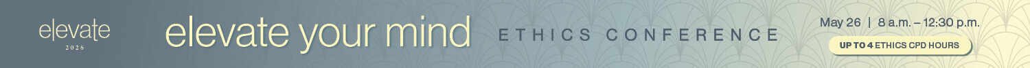 Blue-yellow gradient background with logo "elevate 2026" at the top, headline text" elevate your mind" sub headline text: "ETHICS CONFERENCE" "MAY 26" "8 a.m. - 12:30 p.m.". Added text on solid yellow beveled rectangle shape: " UP TO 4 ETHICS CPD HOURS"
