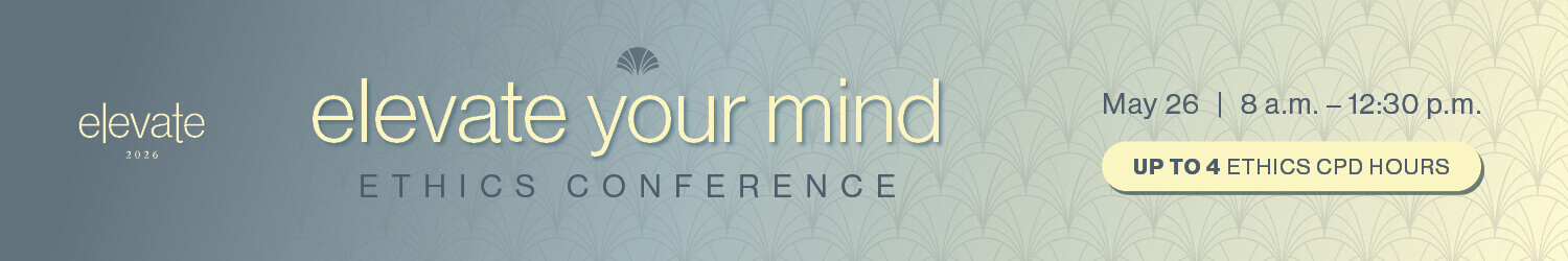 Blue-yellow gradient background with logo "elevate 2026" at the top, headline text" elevate your mind" sub headline text: "ETHICS CONFERENCE" "MAY 26" "8 a.m. - 12:30 p.m.". Added text on solid yellow beveled rectangle shape: " UP TO 4 ETICS CPD HOURS"
