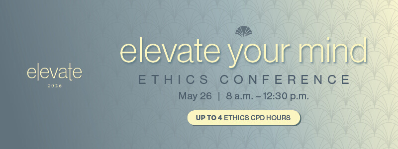 Blue-yellow gradient background with logo "elevate 2026" at the top, headline text" elevate your mind" sub headline text: "ETHICS CONFERENCE" "MAY 26" "8 a.m. - 12:30 p.m.". Added text on solid yellow beveled rectangle shape: " UP TO 4 ETICS CPD HOURS"