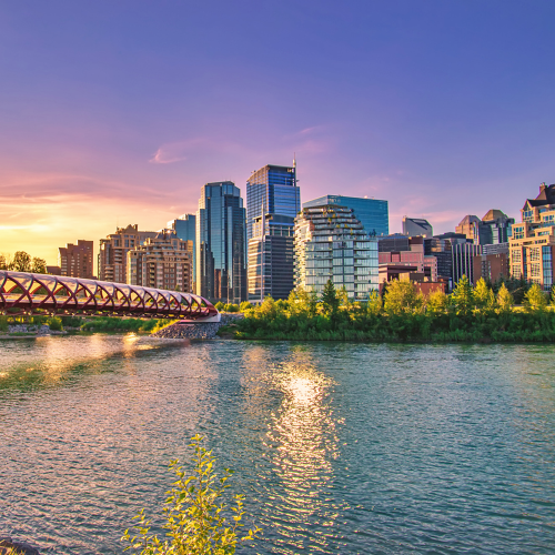 Skyline of downtown Calgary Alberta Canada at twilight hour.