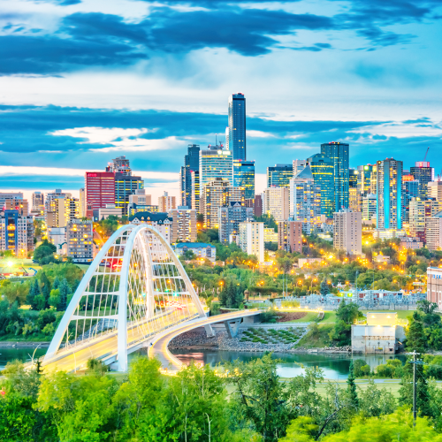 Skyline of downtown Edmonton Alberta Canada at twilight blue hour.