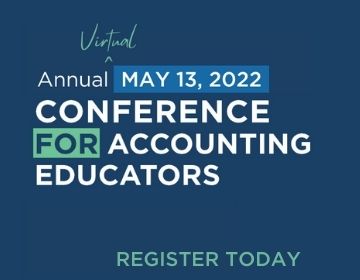 Dark blue background with text that reads Annual Virtual Conference For Accounting Educators
