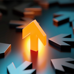 A yellow arrow standing upright and pointing upward surrounded by grey arrows laying flat