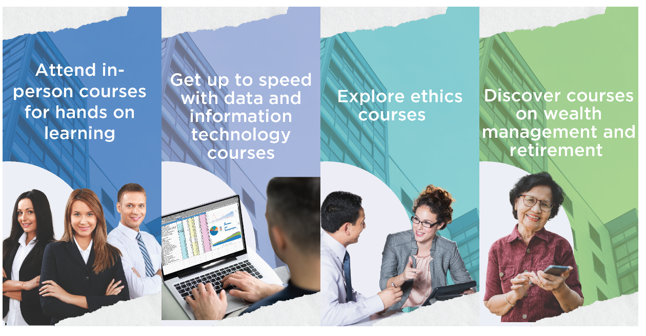 Graphic with four columns in blue, lilac, teal and light green with images of people in corporate setting accessing training on devices or in person