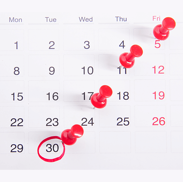 Month calendar with red thumb tacks to mark dates