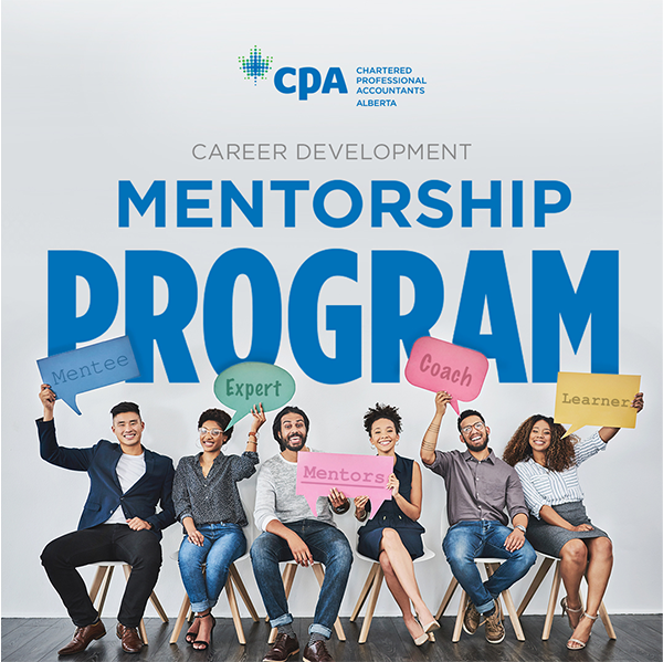 Professionals with signs that say mentee and mentor and text: Career Development Mentorship Program
