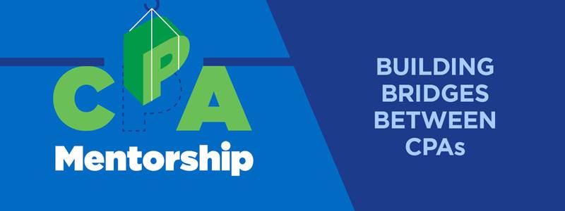 The image features a bold graphic with a blue background. At the top, there's a crane hook symbolizing construction or development. Centered in the image is a three-dimensional, stylized representation of the letters "CPA" in green, with each letter partially overlapped by the next. Below the CPA design, the word "Mentorship" is written in large white letters. Beneath this, a phrase "BUILDING BRIDGES BETWEEN CPAS" in capital white letters against a blue banner reinforces the message of connection. The overall design suggests a theme of construction and growth, likely relating to building professional relationships in the context of CPA mentorship.
