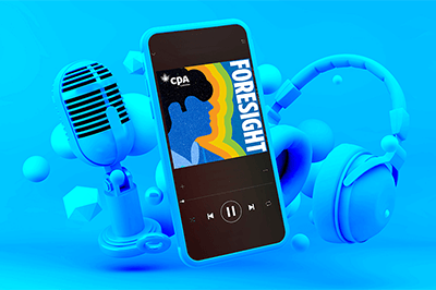 CPA Canada Foresight podcast on mobile device with headphones and mic in blue background