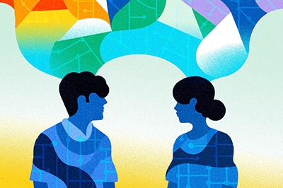 Abstract image with man and woman talking with colourful thought bubbles above